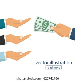 Many hands reaching out for money. Hand holding cash. Give salary. Employer and staff. Vector illustration flat design. Isolated on white background. 