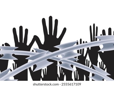 Many hands reaching up are restricted by barbed wire, symbolizing oppression and lack of freedom