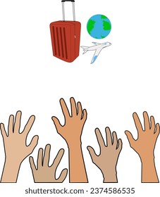 many hands reaching for suitcases, planes, globes. concept of wanting a holiday
