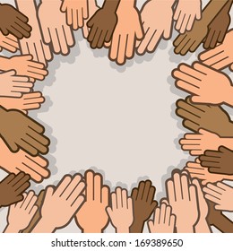 Many hands reaching towards one another 