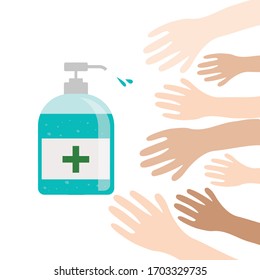Muchas manos requieren un gel de alcohol. Frasco de bomba de gel de lavado a mano, gel para lavar las manos, gel de alcohol.