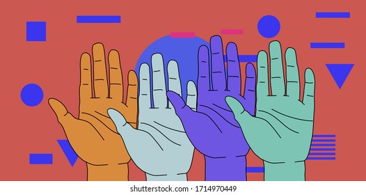Many hands rised up. Concept cover for voting and other social themes.