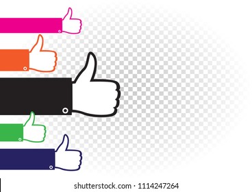 Many hands show like. Multicolor hand palm set with raised upward finger on white transparent background. Good well sign collection