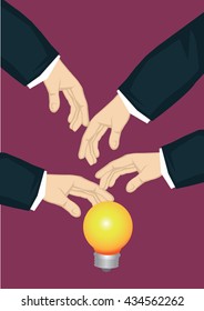 Many hands from the side reaching for illuminated light bulb, symbol for business idea. Creative vector cartoon business illustration on metaphor for popular business idea concept.