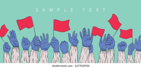 Muchas manos del personal con traje protector y guantes ondean las banderas nacionales para animar a la gente a pasar por esta situación, pancarta.