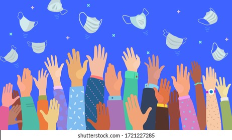 Many hands throwing facial masks up, because quarantine is over, conceptual minimalists flat design style illustration