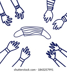 Many hands try to reach only one face shield. Concept of illness, hygiene, illness and viruses. Shortage of medical masks. Doodle style illustration, blue line.