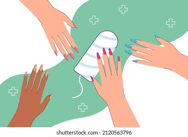 Many hands of women with tampon for menstrual period. Help and care from group of girls flat vector illustration. Female support, diverse concept for banner, website design or landing web page