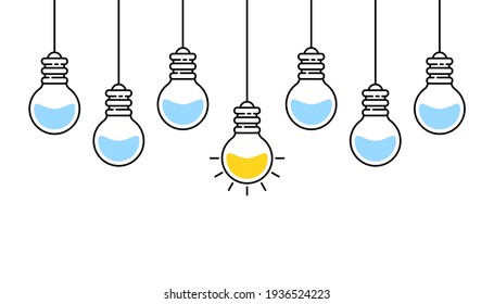 many hanging lightbulbs like unique idea. simple lineart style trend modern graphic stroke art design isolated on white. concept of think outside the box or bright rays in night or smart illumination