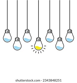 many hanging lightbulbs like unique idea. simple lineart style trend modern graphic stroke art design isolated on white. concept of think outside the box or bright rays in night or smart illumination