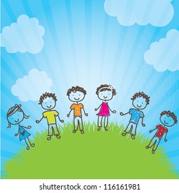 many happy children in a natural vector illustration