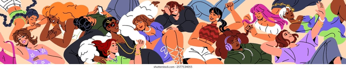 Many happy girls, friends lying together top view. Lots of diverse young women have a rest, relax, hug and talk. Sisterhood, support of feminism, female solidarity concept. Flat vector illustration