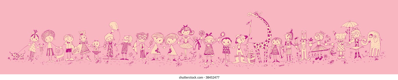 Many Happy Kids Playing (hand drawn vector)