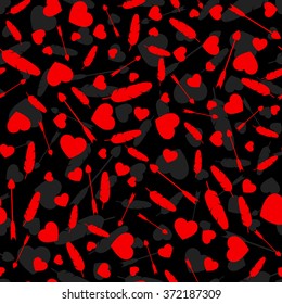 Many hearts, arrows and feather. Different size. Seamless pattern