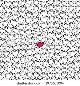 Many hearts are distorted. There is a red symbol in the center of the composition. 