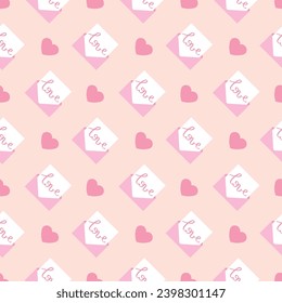 Many hearts and envelopes on pink background. Pattern for Valent