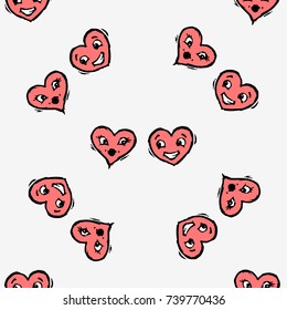 Many hearts with faces. Happy kissing and smiling heart. Hand drawn vector illustration. Seamless background pattern