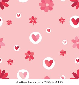 Many hearts and flowers on pink background. Pattern for Valentin