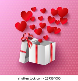 many hearts flying out gift box.paper art style.