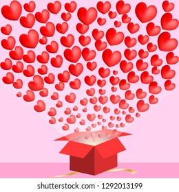 many hearts spread from red gift box on pink background valentines concept