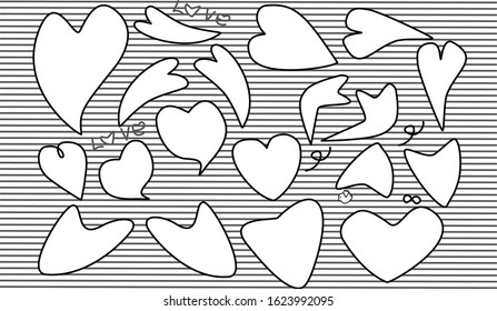 Many heart-shaped strokes have different shapes on a black and white background.