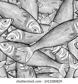 Many herring fish seamless pattern background. Vintage engraving stylized drawing. Vector illustration