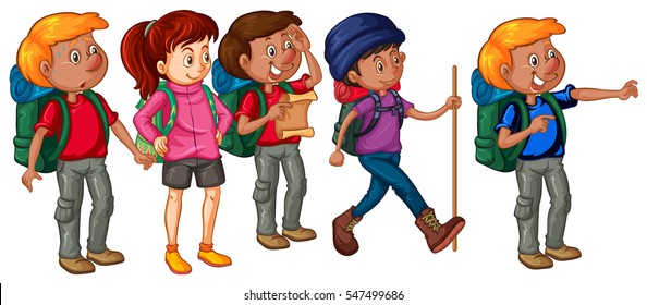 Many hikers with map and backpack illustration
