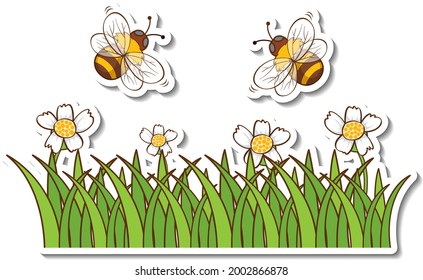 Many honey bees flying above grass field sticker illustration