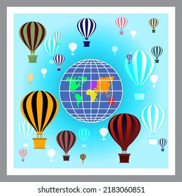 Many hot air balloons with striped domes fly around globe. Globe with continents. Colored floating balloons with baskets. Aerostats in blue sky. Air transport for travel, recreation, entertainment.