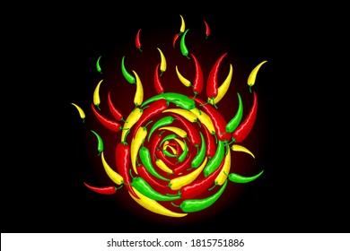 Many hot red mexican chili peppers on the background of a circle of fire. Logo, illustration for spicy hot Mexican, Indian dishes, sauces. Vector isolated in design for cooking