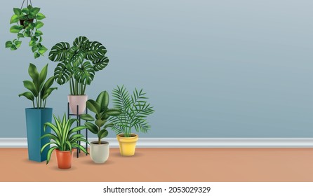 Many house plants put together are shown on the left side of the picture realistic vector illustration