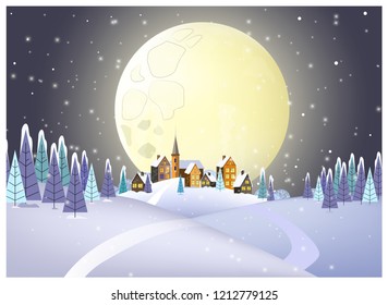 Many houses against full moon vector illustration. Fir trees under snow on hills. Winter night concept