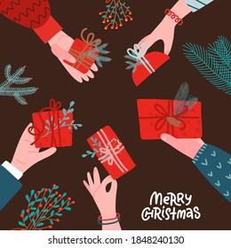 Many human hands giving present, for Christmas, anniversary theme and background. top view. Circle of hands decorated with floral branches.. Simple flat vector illustration