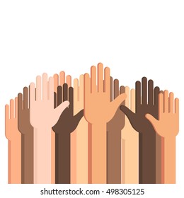 Many Human hands up with outstretched palm. Conceptual vector illustration isolated on white background for web design banner or print card