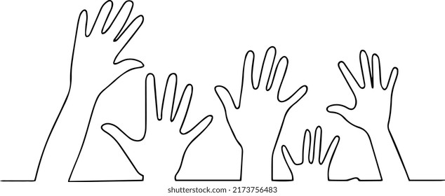Many human hands raised up. One line vector illustration.