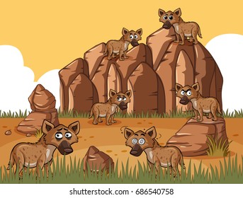 Many hyenas in the field illustration