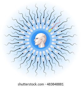 Many idea try to reach man's head at the center in symbolized style. Idea concept illustration.
