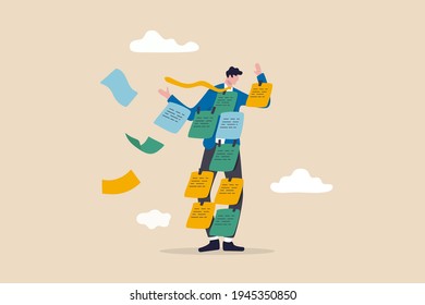 Too many ideas, overworked or busy schedule and reminders, procrastination or multi-tasking workaholic concept, busy tried businessman cover with adhesive reminder sticky notes on him.