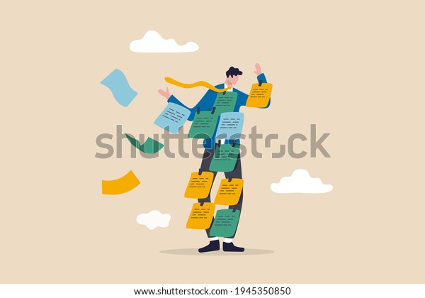 Too many ideas, overworked or busy schedule and\
reminders, procrastination or multi-tasking workaholic concept,\
busy tried businessman cover with adhesive reminder sticky notes on\
him.