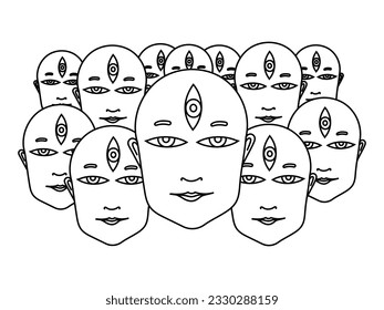 Many identical faces with a third eye. Vector linear illustration. Symbol of the esoteric community, clairvoyant people of a religious sect or yoga.