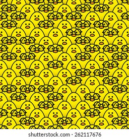 Many Identical Yellow Chicks Staring at camera with some Randomly wearing Round Black Rimmed Glasses 
