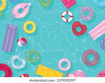 Many inflatable rings and mattresses in swimming pool, top view