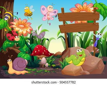 Many insects by the wooden signs illustration