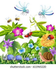 Many insects flying in garden illustration