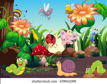 Many insects in the garden illustration