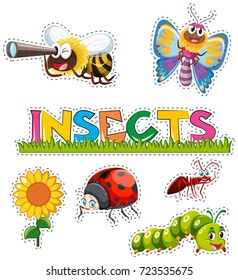 Many insects in sticker design illustration