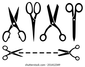 many isolated black scissors set on white background