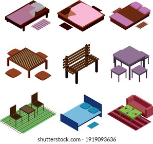 many isometric objects, household items, beds, tables, chairs and sofas