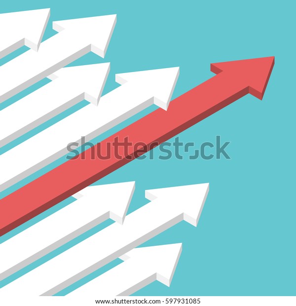 青緑色の背景に多くのアイソメの白い矢印と赤い固有の矢印 競争 リーダーシップ そして独自性のコンセプト フラットデザイン 透明なし グラデーションなし のベクター画像素材 ロイヤリティフリー