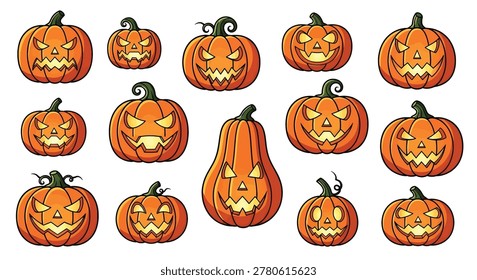 Many jack o lanterns with glowing eyes